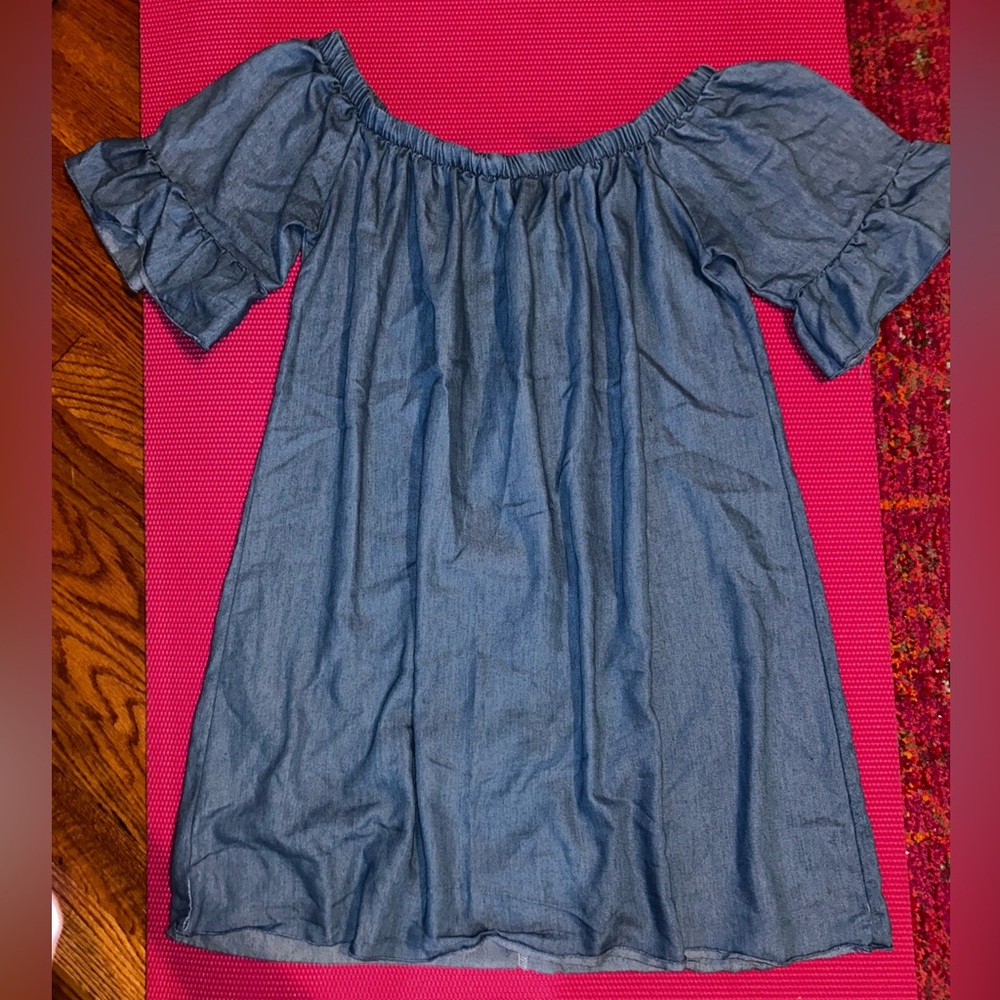 DENIM WASH LINNEN MINI DRESS W/RUFFLED SLEEVES